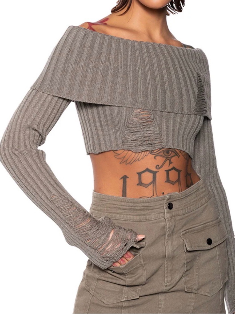 AKIRA off the shoulder distressed cropped sweater
